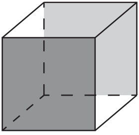 Cubo em perspectiva, com uma face frontal em cinza-escuro e a face oposta em cinza-claro. As demais faces não são pintadas. Arestas não visíveis são representadas por linhas tracejadas.