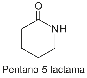 Fórmula estrutural da pentano-5-lactama, composta por um anel de seis membros contendo um grupo carbonila (C=O) e um grupo amino secundário (NH), com a legenda Pentano-5-lactama.
