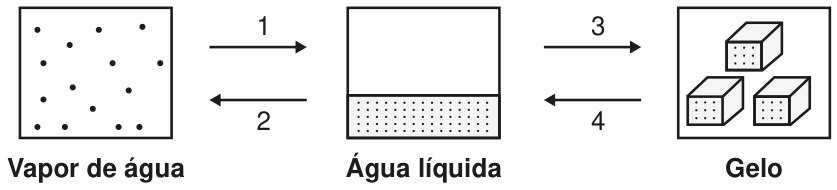 F1 Diagrama esquemático das mudanças de fase da água entre vapor de água, água líquida e gelo. Há setas numeradas indicando as transformações: a seta 1 vai de vapor de água para água líquida; a seta 2 vai de água líquida para vapor de água; a seta 3 vai de água líquida para gelo; e a seta 4 vai de gelo para água líquida.