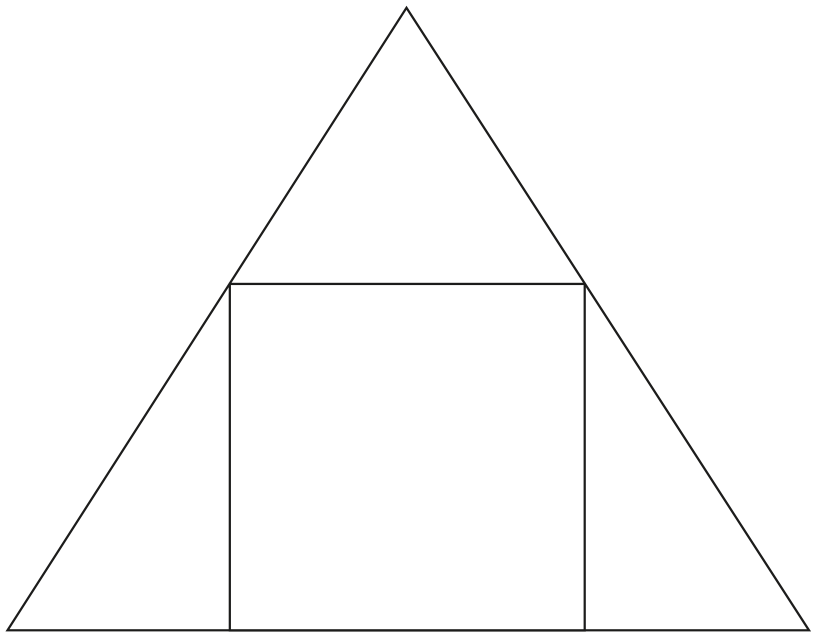 Desenho de um triângulo equilátero com um quadrado inscrito, cuja base repousa sobre a base do triângulo e cujos dois vértices superiores tocam os lados inclinados do triângulo.