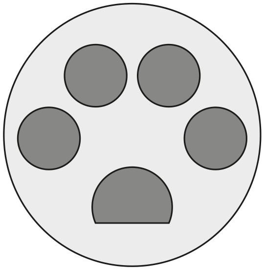 Logomarca circular com quatro círculos menores dispostos em arco na parte superior e uma figura semicircular na parte inferior, lembrando a pegada de um gato