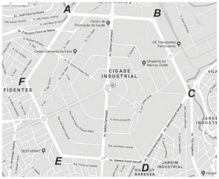 Mapa da região de Cidade Industrial em Contagem, com as ruas formando um hexágono cujos vértices estão rotulados com as letras A, B, C, D, E e F.