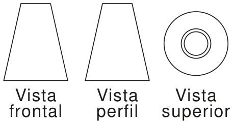 Vistas ortogonais de uma torre: vista frontal em forma de trapézio isósceles, vista perfil idêntica à frontal em forma de trapézio isósceles e vista superior composta por círculos concêntricos, sendo um círculo externo maior e dois círculos internos concêntricos de raios muito próximos formando uma borda com espessura