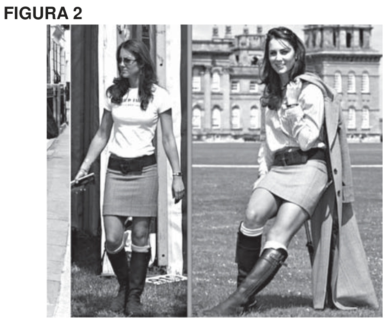 Fotografias de Kate Middleton usando saia curta e botas, em trajes modernos e casuais.