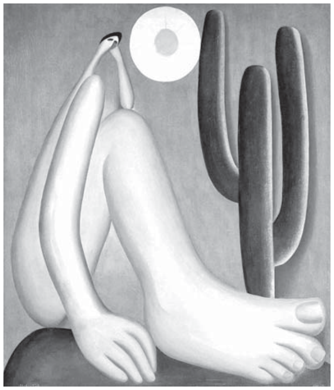 F1 Pintura Abaporu, de Tarsila do Amaral, apresentando uma figura humana nua e estilizada, com membros inferiores e pé desproporcionalmente gigantescos e cabeça diminuta apoiada no braço, sentada sobre uma elevação ao lado de um cacto e sob um sol em forma de disco.