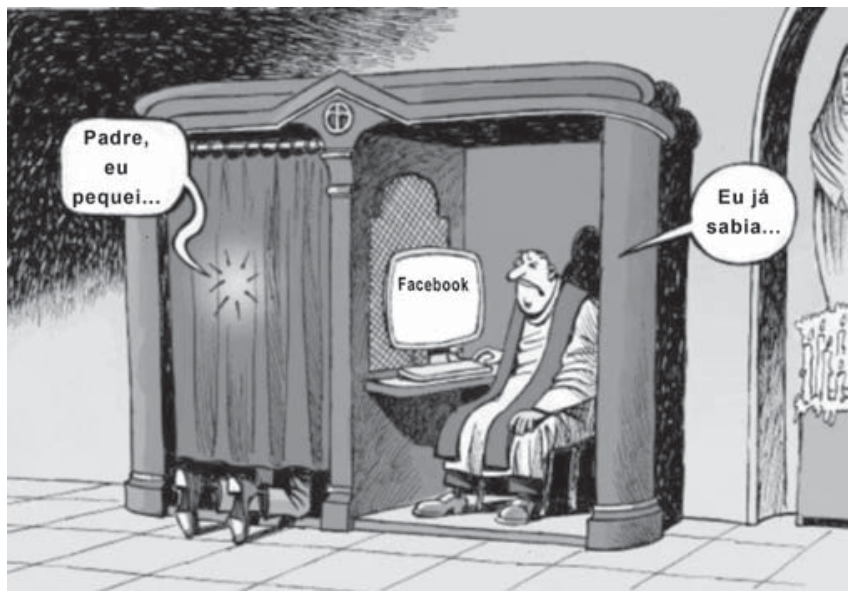 Charge mostrando um confessionário católico com uma pessoa ajoelhada à esquerda que diz "Padre, eu pequei...", enquanto à direita o padre, diante de um monitor com a inscrição "Facebook", responde: "Eu já sabia...".