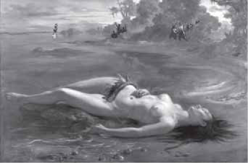 F1 Pintura a óleo sobre tela retratando o corpo sem vida da indígena Moema, deitada de costas na areia de uma praia à beira da água, com folhagens na cintura e cabelos espalhados na areia; ao fundo, vê-se a vegetação litorânea e pequenas figuras distantes.