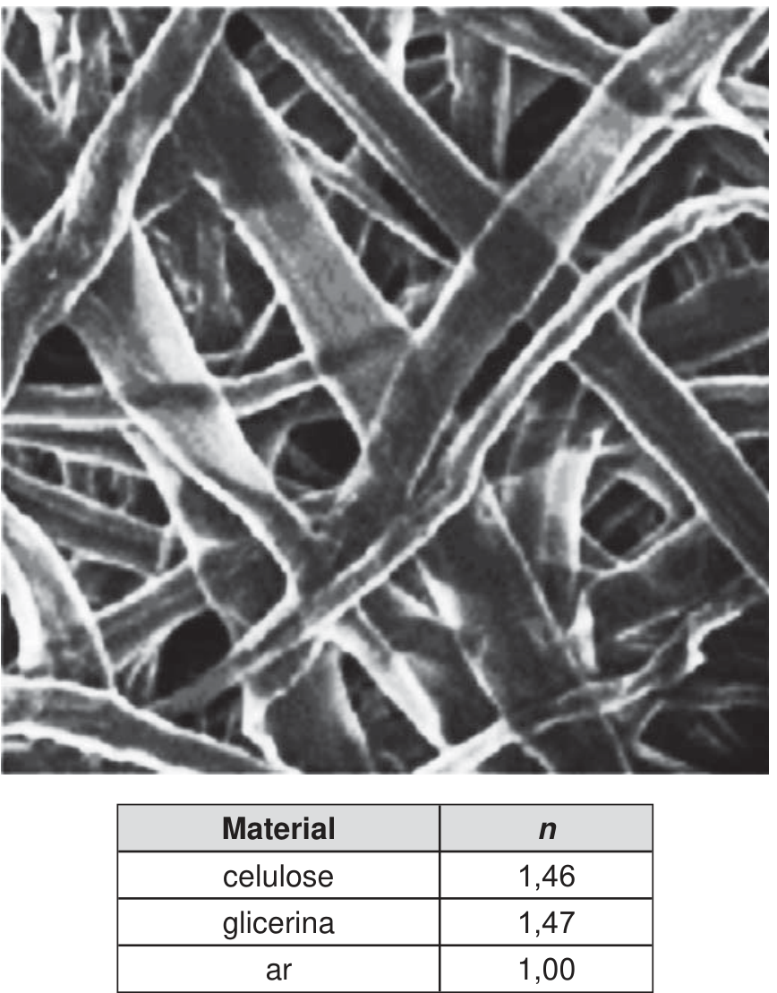 Micrografia obtida por microscópio eletrônico de varredura mostrando microfibras entrelaçadas de celulose na superfície de uma folha de papel e quadro com a razão n para celulose (1,46), glicerina (1,47) e ar (1,00).