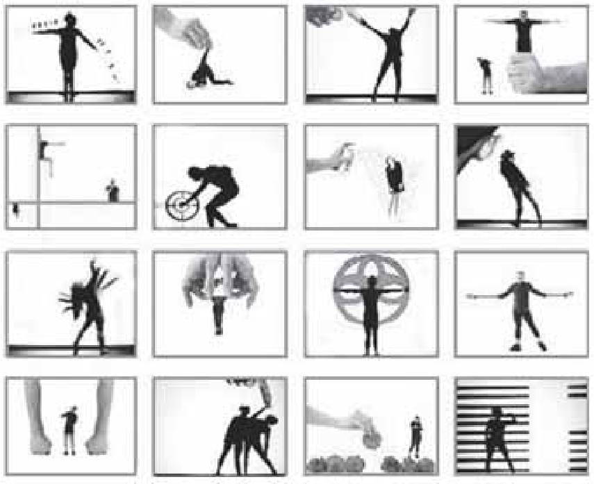 Conjunto de 16 imagens em uma grade de quatro linhas e quatro colunas, mostrando bailarinos em miniatura interagindo com mãos, objetos, formas gráficas e cenários digitais.