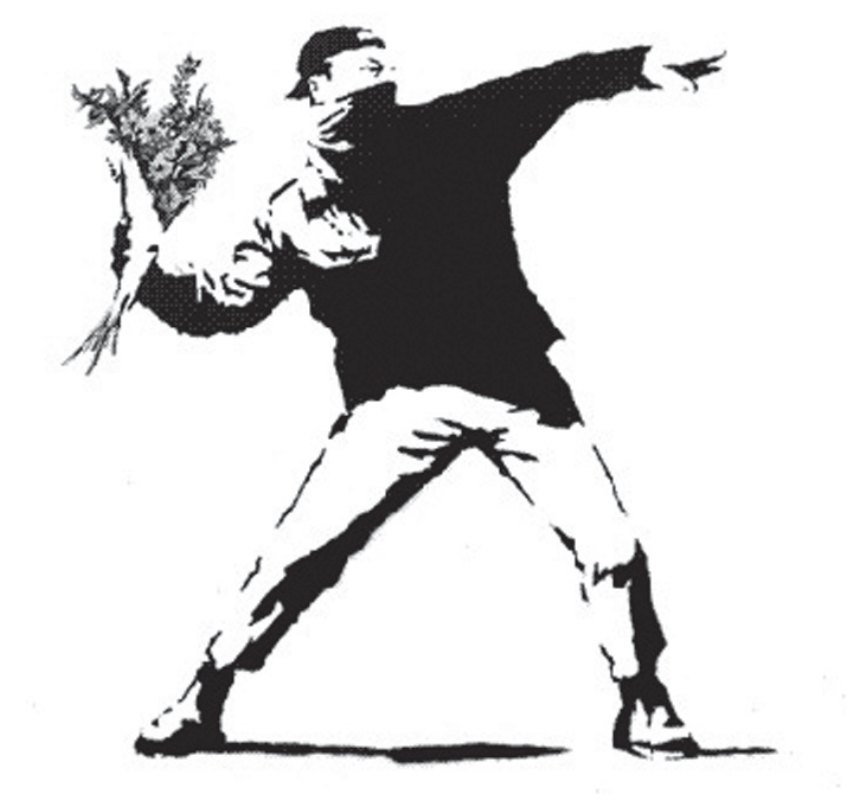 Grafite de Banksy representando um manifestante com o rosto coberto por um lenço e boné virado para trás, em posição de arremesso, segurando um buquê de flores.
