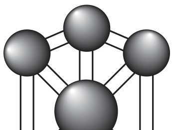 Figura parcialmente cortada na borda inferior: uma esfera central maior ligada a três esferas menores visíveis, uma acima e duas nas diagonais superiores. A esfera superior também se liga às duas esferas laterais, das quais partem ligações verticais que seguem até a borda inferior do recorte.