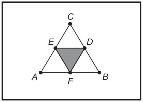 F1 Triângulo equilátero ABC dentro de uma moldura retangular. Os pontos médios dos lados BC, AC e AB são identificados por D, E e F, respectivamente. O triângulo central DEF está preenchido em cinza escuro.