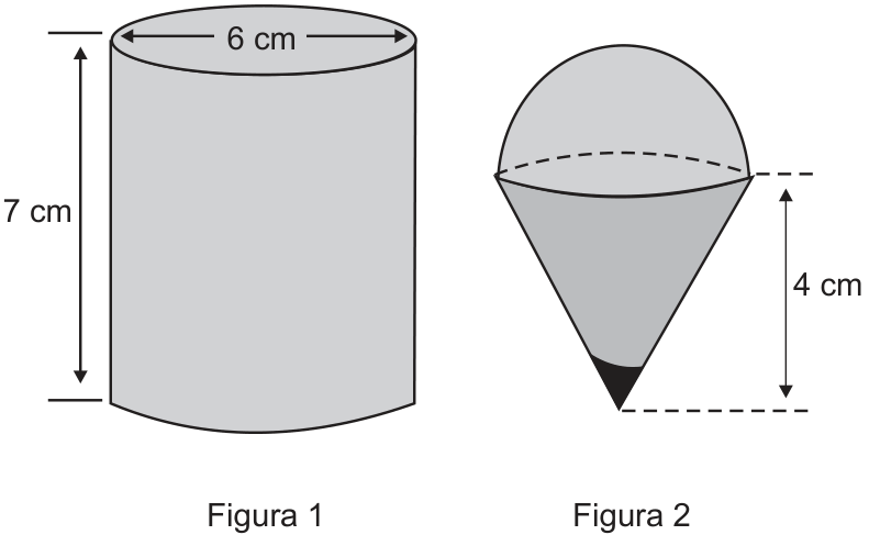Figura 1: cilindro reto com diâmetro da base medindo 6 cm e altura medindo 7 cm. Figura 2: pião composto por uma semiesfera acoplada à base circular de um cone, cuja altura mede 4 cm.