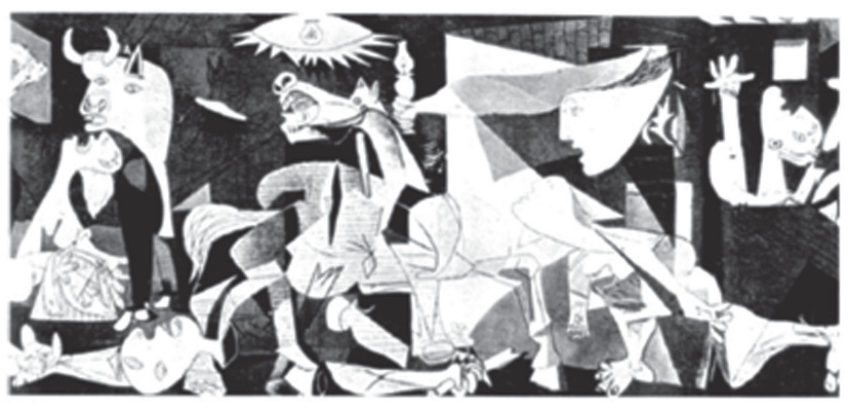 Pintura Guernica, de Pablo Picasso, retratando em estilo cubista figuras humanas e animais em sofrimento e desespero.