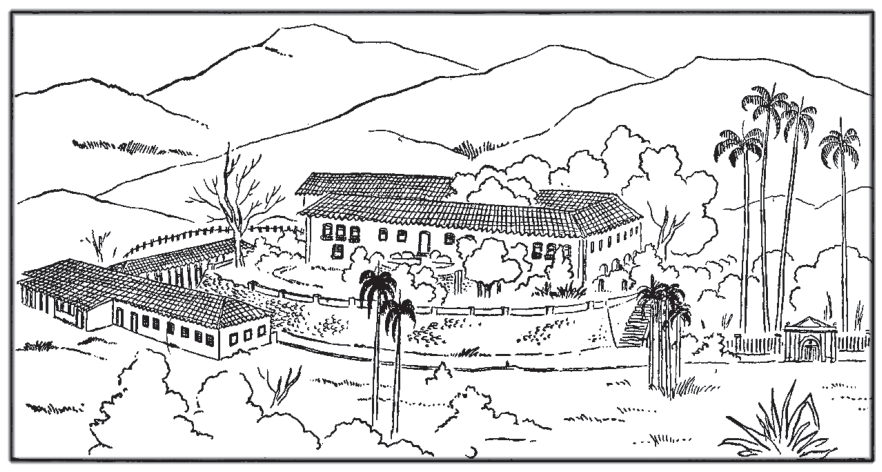 Desenho ilustrativo de uma propriedade rural do período colonial/imperial, mostrando a casa-grande ao centro em nível elevado, com senzala e outras dependências em nível mais baixo, cercadas por vegetação, palmeiras e morros ao fundo.