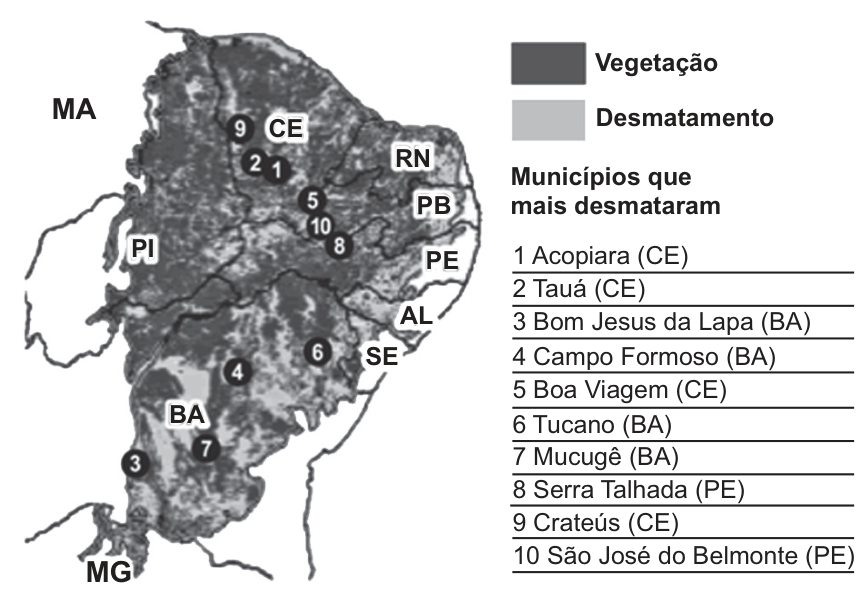 Mapa da área do bioma Caatinga no Nordeste do Brasil e norte de Minas Gerais indicando áreas de vegetação e áreas de desmatamento, acompanhado da legenda e de uma lista dos dez municípios que mais desmataram: 1 Acopiara (CE), 2 Tauá (CE), 3 Bom Jesus da Lapa (BA), 4 Campo Formoso (BA), 5 Boa Viagem (CE), 6 Tucano (BA), 7 Mucugê (BA), 8 Serra Talhada (PE), 9 Crateús (CE) e 10 São José do Belmonte (PE).