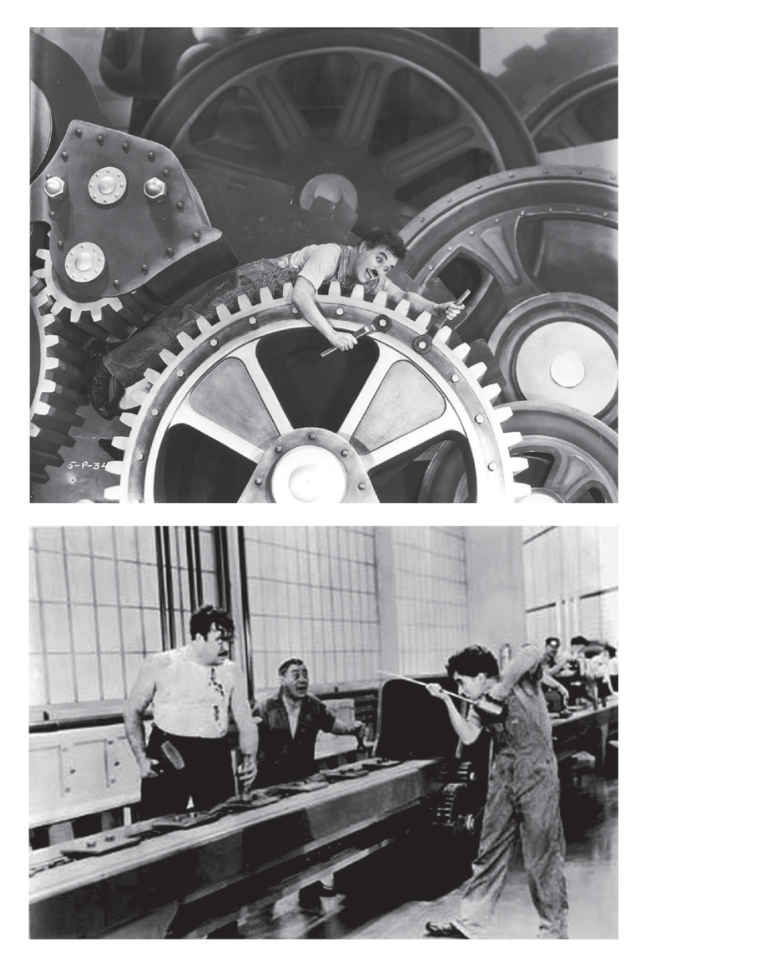 F1 Duas fotografias com cenas do filme Tempos Modernos. Na superior, o personagem operário interpretado por Charles Chaplin aparece prensado entre as engrenagens gigantescas de uma máquina industrial. Na inferior, trabalhadores estão alinhados em uma esteira de produção industrial; em primeiro plano, Chaplin gesticula freneticamente segurando ferramentas enquanto os outros operários o observam.