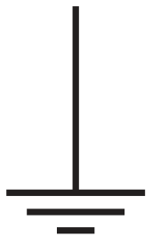 Símbolo esquemático de aterramento elétrico, composto por uma haste vertical conectada perpendicularmente a três traços horizontais paralelos de comprimentos decrescentes de cima para baixo.