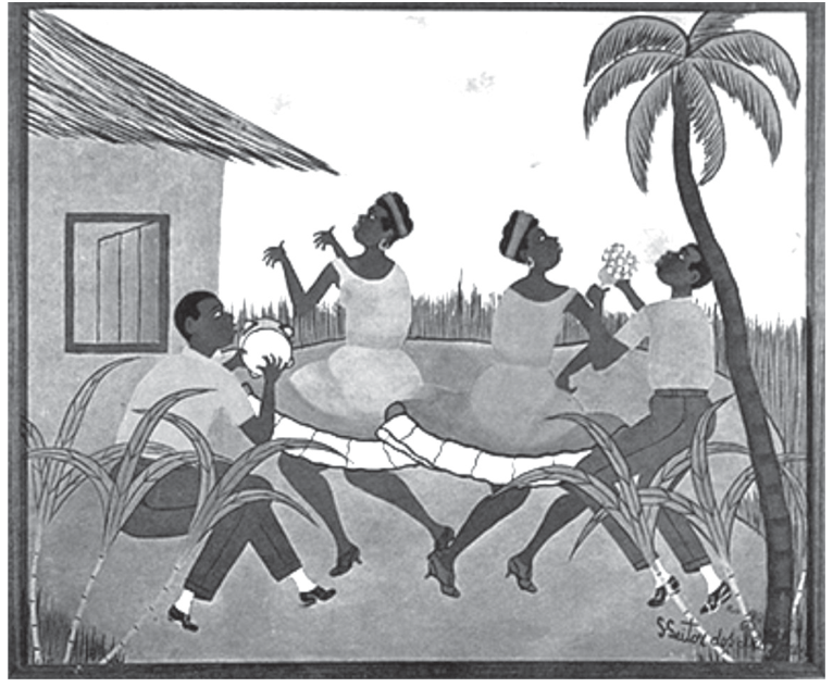 Pintura de Heitor dos Prazeres retratando quatro pessoas negras ao ar livre, entre uma casa simples de telhado de palha e um coqueiro. À esquerda, um homem sentado toca pandeiro; ao centro, duas mulheres dançam com vestidos rodados; à direita, outro homem toca chocalho.
