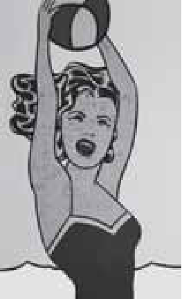 F1 Garota com bola, de Roy Lichtenstein, pintura em estilo de arte pop e histórias em quadrinhos retratando em preto e branco uma mulher de maiô com as mãos erguidas segurando uma bola de praia.