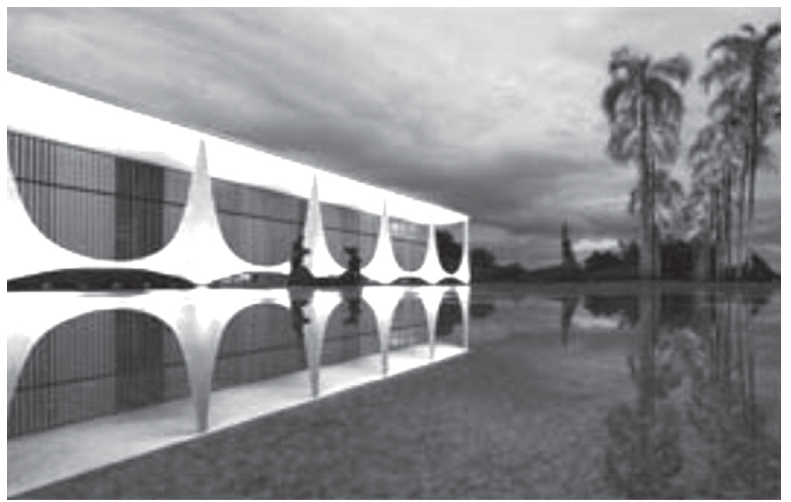 Fotografia em preto e branco do Palácio da Alvorada, em Brasília, destacando suas colunas curvilíneas brancas e a fachada envidraçada refletidas no espelho d'água, com palmeiras imperiais ao fundo.