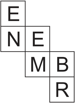 Planificação de um cubo formada por seis quadrados em disposição de escada: um quadrado com a letra E acima de um quadrado com N; à direita de N, um quadrado com E; abaixo deste E, um quadrado com M; à direita de M, um quadrado com B; abaixo de B, um quadrado com R.