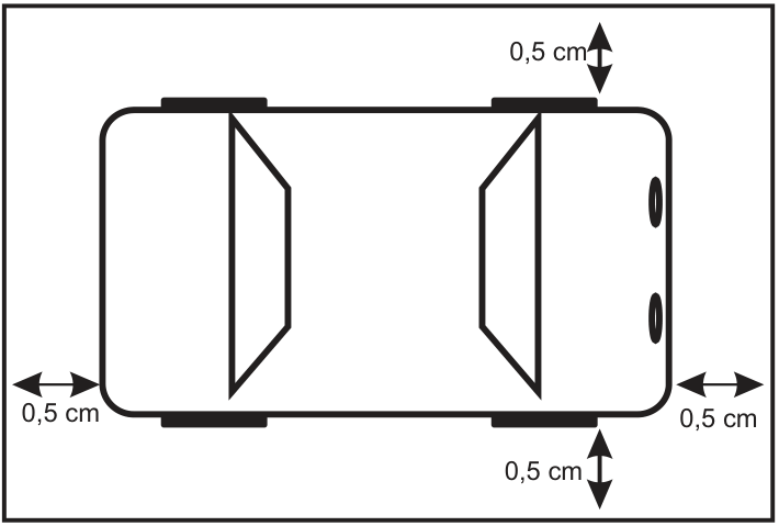 Esquema da visão superior do carrinho dentro de sua caixa retangular, indicando folgas de 0,5 cm entre o carrinho e as quatro bordas da caixa.