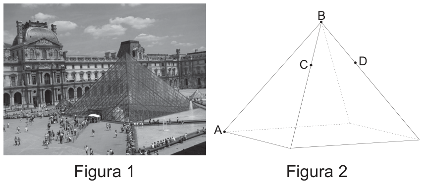 F1 Figura 1: foto da Pirâmide de Vidro do Louvre; Figura 2: representação em perspectiva de uma pirâmide reta de base quadrada com vértice B e pontos A, C e D indicados.