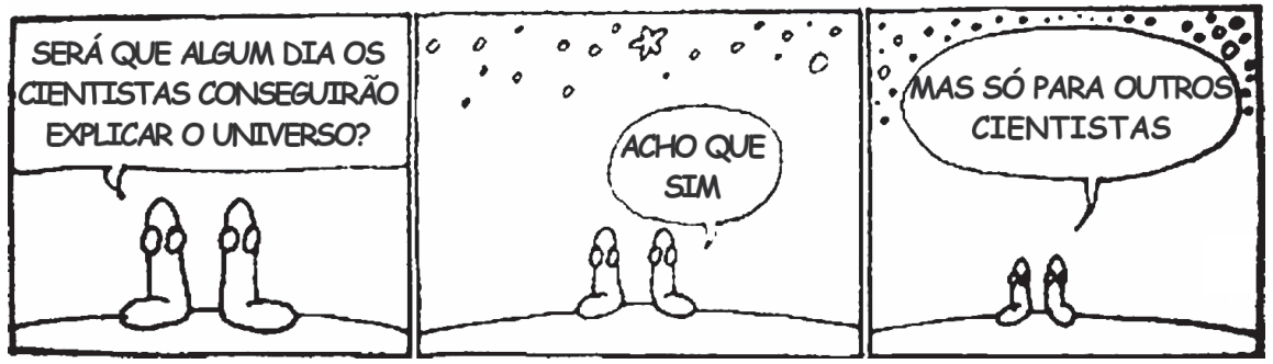 Tirinha com três quadros da série As Cobras, de Luis Fernando Verissimo. No primeiro quadrinho, duas cobras lado a lado e uma delas pergunta: "SERÁ QUE ALGUM DIA OS CIENTISTAS CONSEGUIRÃO EXPLICAR O UNIVERSO?". No segundo quadrinho, sob um céu estrelado, a outra cobra responde: "ACHO QUE SIM". No terceiro quadrinho, ela conclui: "MAS SÓ PARA OUTROS CIENTISTAS".