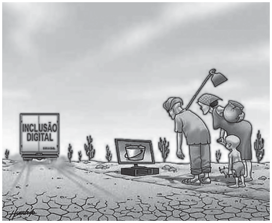 Charge de Humberto mostrando uma família de sertanejos em solo árido e rachado, típica do semiárido nordestino, observando um computador deixado no chão com a imagem de um balde cheio de água na tela. Mais adiante na estrada, vê-se a traseira de um caminhão que se afasta com os dizeres "INCLUSÃO DIGITAL - BRASIL".