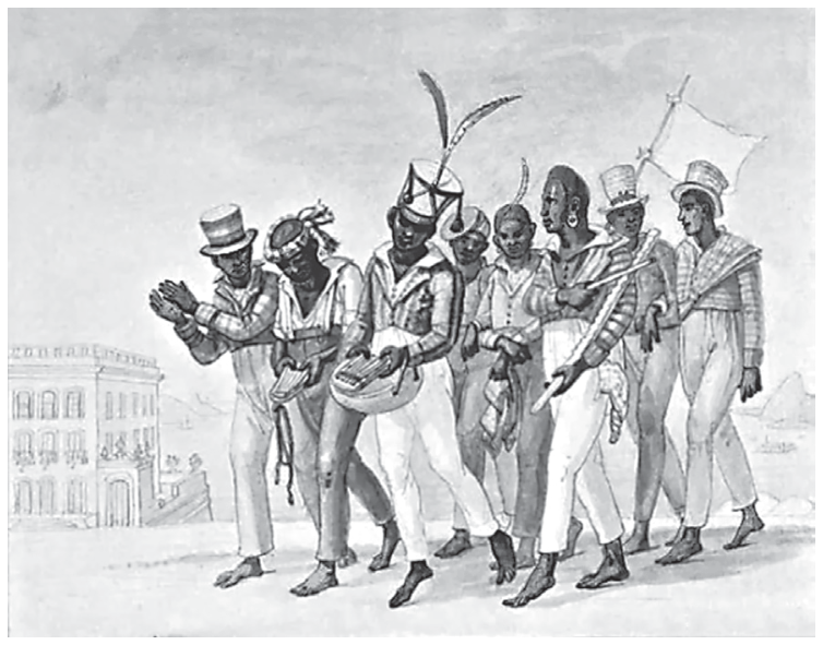 Pintura de Jean-Baptiste Debret retratando um cortejo de homens negros descalços, trajando roupas de marinheiro ou europeias, alguns tocando kalimbas e outros instrumentos musicais.