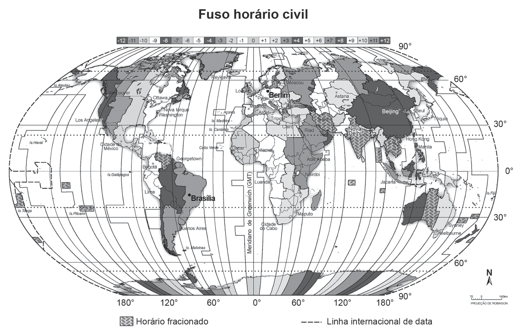 Mapa-múndi de fusos horários civis na projeção de Robinson, indicando as faixas horárias de -12 a +12 em relação ao Meridiano de Greenwich (GMT), com destaque para as cidades de Brasília (fuso -3) e Berlim (fuso +1).