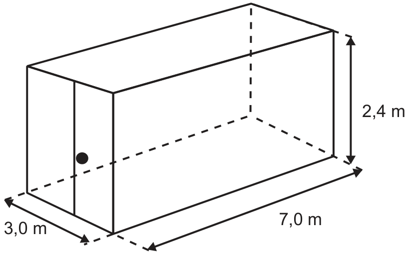 Desenho esquemático de um contêiner em formato de paralelepípedo reto-retângulo, com dimensões indicadas: altura de 2,4 m, largura de 3,0 m e comprimento de 7,0 m. A face frontal exibe uma porta com maçaneta.