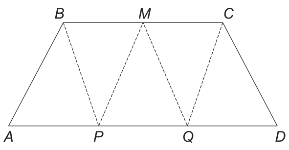 Trapézio isósceles ABCD com base menor BC no topo e base maior AD na base. O ponto M está no meio de BC, e os pontos P e Q estão sobre AD, dividindo-o em três partes iguais: AP, PQ e QD. Segmentos tracejados conectam B a P, M a P, M a Q e C a Q, dividindo o interior do trapézio em cinco triângulos.