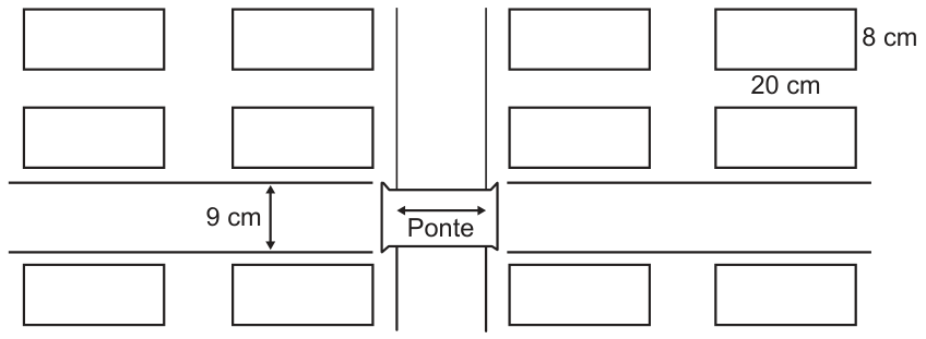 Planta esquemática de um bairro com quadras retangulares de 20 cm de comprimento por 8 cm de largura, uma rua horizontal com 9 cm de largura cruzando uma via vertical sobre a qual há uma ponte indicada com uma seta de duas pontas na horizontal.