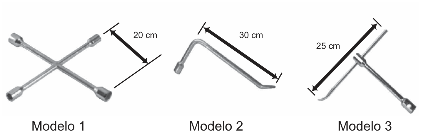 Três modelos de chaves de roda: Modelo 1 (chave em cruz) com comprimento de 20 cm medido do centro até uma das extremidades; Modelo 2 (chave em L) com comprimento de 30 cm na haste principal; Modelo 3 (chave tipo T deslizante) com comprimento de 25 cm medido em uma das extremidades da haste transversal.