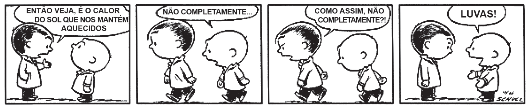 Tirinha com quatro quadrinhos com personagens da turma do Minduim (Peanuts). No primeiro quadrinho, o garoto de cabelo escuro fala: "ENTÃO VEJA, É O CALOR DO SOL QUE NOS MANTÉM AQUECIDOS". No segundo, Charlie Brown replica: "NÃO COMPLETAMENTE...". No terceiro, o primeiro garoto indaga irritado: "COMO ASSIM, NÃO COMPLETAMENTE?!". No quarto quadrinho, Charlie Brown estende as mãos e diz: "LUVAS!".