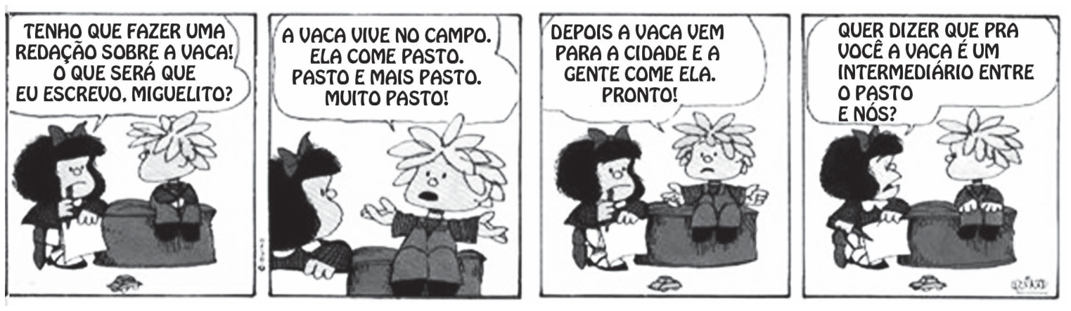 Tirinha da Mafalda e Miguelito conversando sobre a redação sobre a vaca