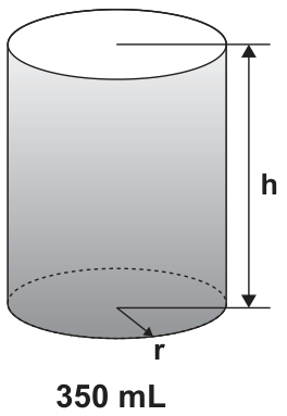 Lata cilíndrica com altura h, raio da base r e volume de 350 mL.