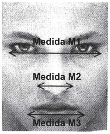 Rosto em preto e branco com marcações das três medidas horizontais por setas duplas: a Medida M1 no nível dos olhos, a Medida M2 na largura da base do nariz e a Medida M3 na largura da boca.