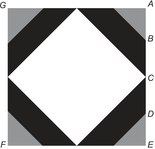 Quadrado AEFG, com G no canto superior esquerdo, A no superior direito, E no inferior direito e F no inferior esquerdo. Na lateral direita, os pontos B, C e D dividem AE em quatro partes iguais. Há quatro regiões cinza nos cantos, faixas pretas entre elas e um quadrado branco central girado, com vértices no ponto médio do lado superior, em C, no ponto médio do lado inferior e no ponto médio do lado esquerdo.
