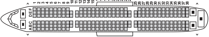 Esquema de um avião com 38 fileiras numeradas de 1 a 38, com poltronas identificadas pelas letras A, B e C de um lado do corredor e D, E e F do outro. Algumas fileiras têm menos poltronas.