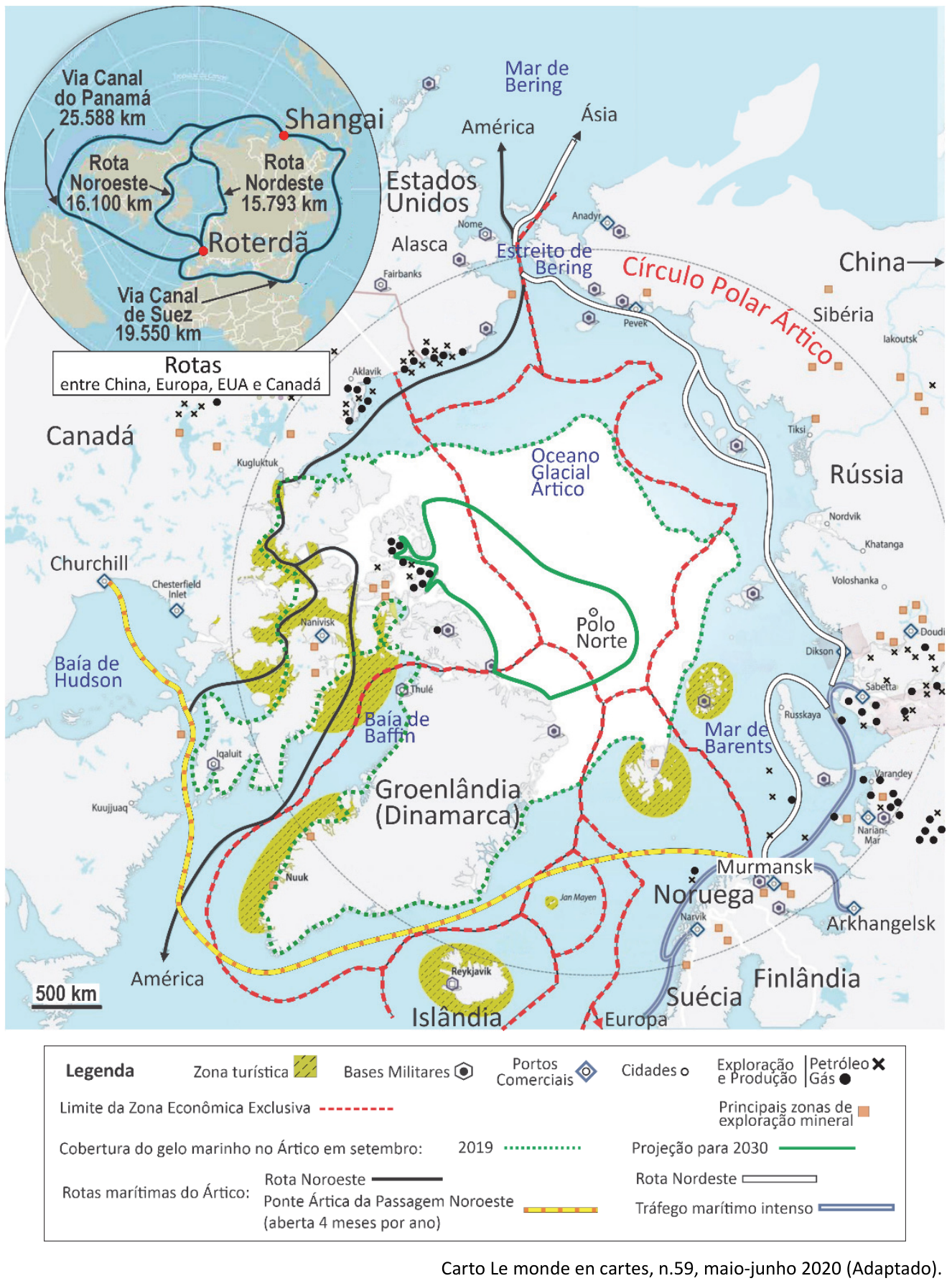 F1 Mapa com projeção polar mostrando as rotas marítimas no Ártico (Rota Noroeste, Rota Nordeste, Ponte Ártica da Passagem Noroeste) conectando Europa, Ásia e América, além dos limites da Zona Econômica Exclusiva, bases militares, portos comerciais, cidades, zonas de exploração mineral/petróleo/gás, cobertura de gelo marinho em setembro de 2019 e projeção para 2030, acompanhado de um mapa menor comparativo das distâncias via Canal do Panamá, Canal de Suez, Rota Noroeste e Rota Nordeste.