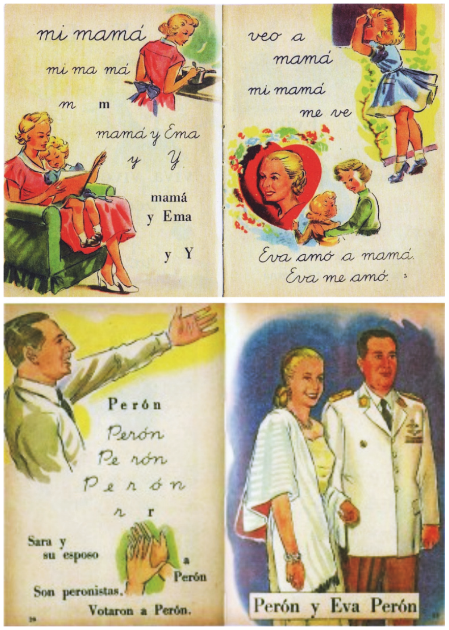 Páginas de uma cartilha escolar de alfabetização em espanhol com ilustrações e lições que mostram a mãe em tarefas domésticas e com as crianças, o retrato de Eva Perón e Juan Domingo Perón, e frases como "Eva amó a mamá", "Sara y su esposo Son peronistas. Votaron a Perón" e "Perón y Eva Perón".