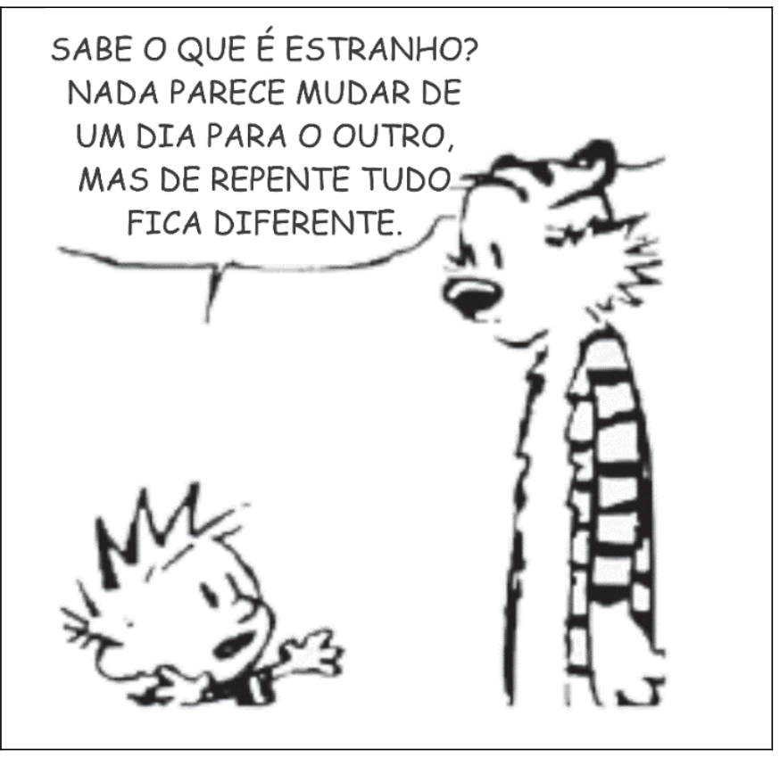 Tirinha com os personagens Calvin e Haroldo. Calvin, gesticulando, diz: "Sabe o que é estranho? Nada parece mudar de um dia para o outro, mas de repente tudo fica diferente.", enquanto Haroldo observa em pé.