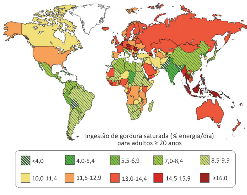 F1 Mapa-múndi ilustrando a ingestão de gordura saturada em porcentagem de energia por dia para adultos com idade maior ou igual a 20 anos. As faixas de consumo são divididas por cores: tons de verde com hachuras para valores menores (<4,0 até 9,9), tons de amarelo a laranja para valores intermediários (10,0 a 12,9) e tons de vermelho a vermelho escuro para os valores mais altos (13,0 a ≥16,0). Países como Rússia e Austrália aparecem destacados em tom vermelho-alaranjado, na faixa de 13,0-14,4.