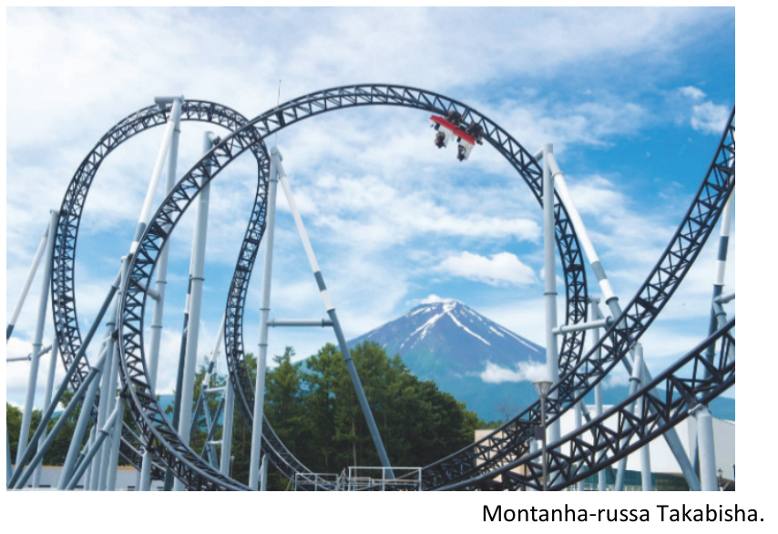 Fotografia da montanha-russa Takabisha exibindo seus trilhos metálicos com curvas e inversões, um carrinho no trecho superior e o Monte Fuji ao fundo. Na borda inferior direita da imagem consta a legenda: Montanha-russa Takabisha.