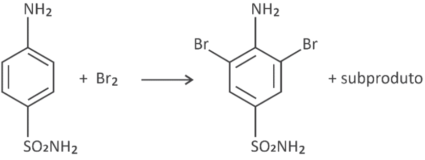 Equação química não balanceada: sulfanilamida, representada por um anel benzênico com NH₂ e SO₂NH₂ em posições para, reage com Br₂, formando um anel benzênico com os mesmos grupos e dois átomos de Br nas duas posições adjacentes ao grupo NH₂, mais subproduto.