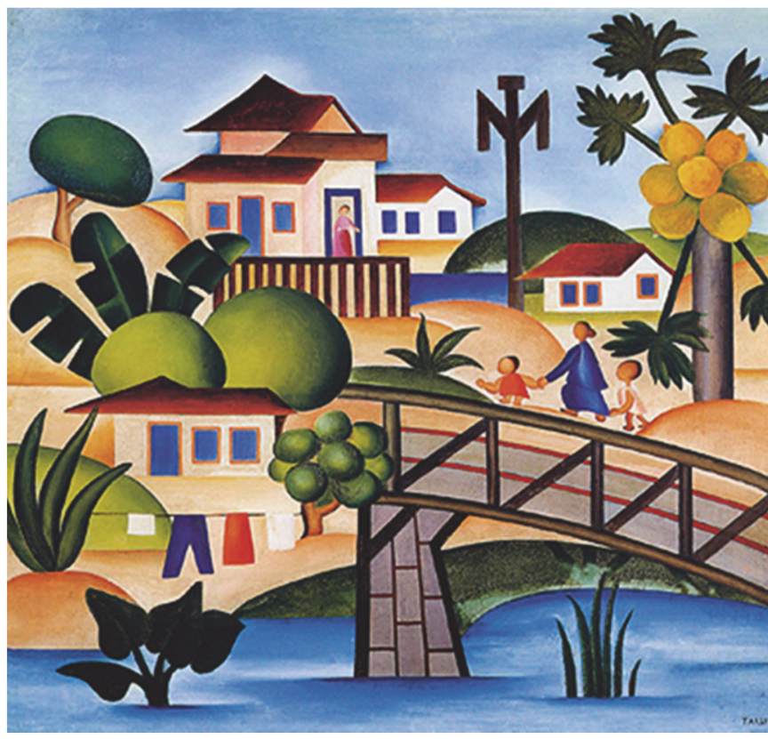 F1 Pintura a óleo sobre tela intitulada "O mamoeiro", de Tarsila do Amaral, retratando uma paisagem brasileira estilizada com morros, casas coloniais de janelas azuis, vegetação com mamoeiro e bananeiras, figuras humanas sobre uma ponte de madeira e um curso d'água em primeiro plano.