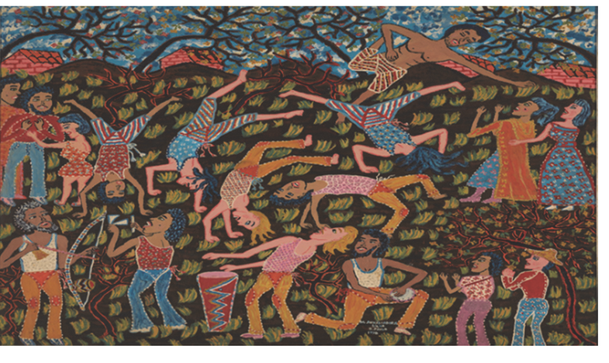 Pintura 'Capoeira' (1970), de Maria Auxiliadora da Silva, representando uma roda de capoeira ao ar livre com várias figuras em movimentos acrobáticos, além de músicos tocando berimbau, atabaque e pandeiro sob árvores frondosas.